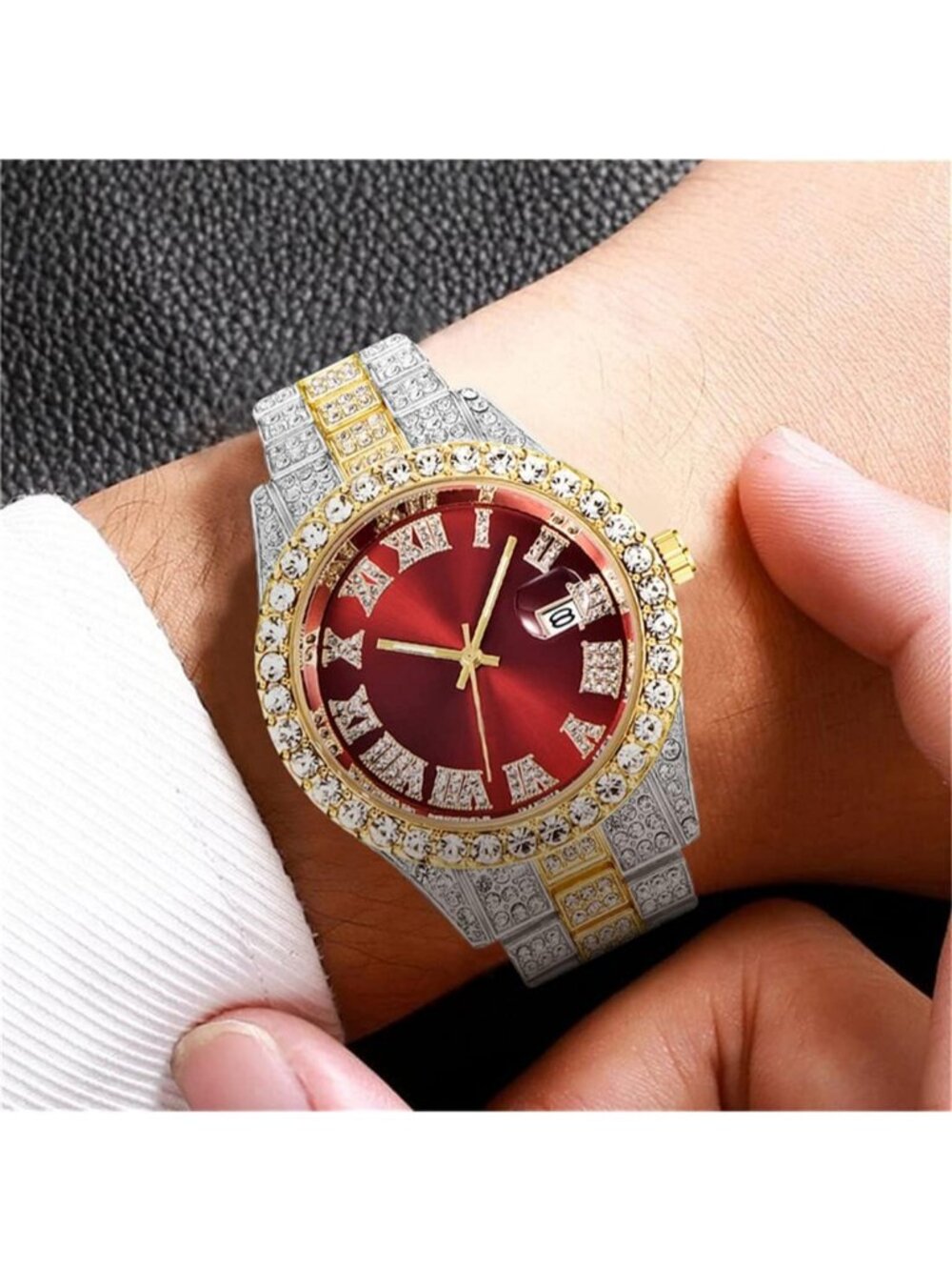 Unisex Red Face Crystal Diamond Quartz Analog Fashion Roman Big Hip Hop Watch - Picture 3 of 5